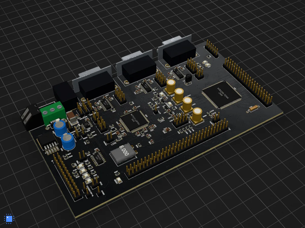 ColdFire and FPGA development kit, drawn in 3D by PCBKit